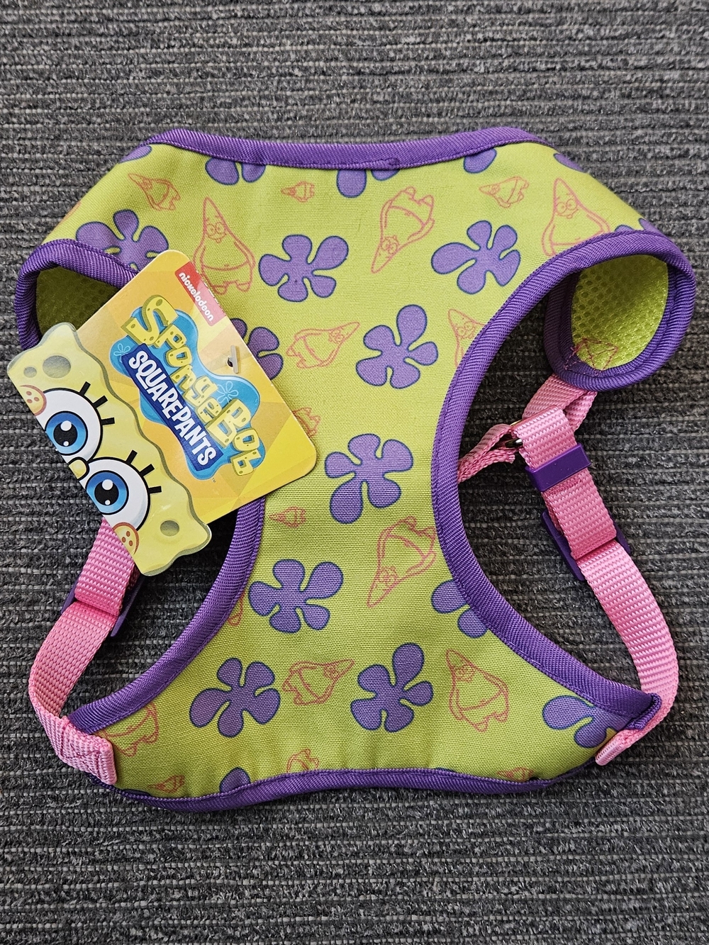 SpongeBob Squarepants Lime Green Dog Harness with Purple Trim and Pink Straps